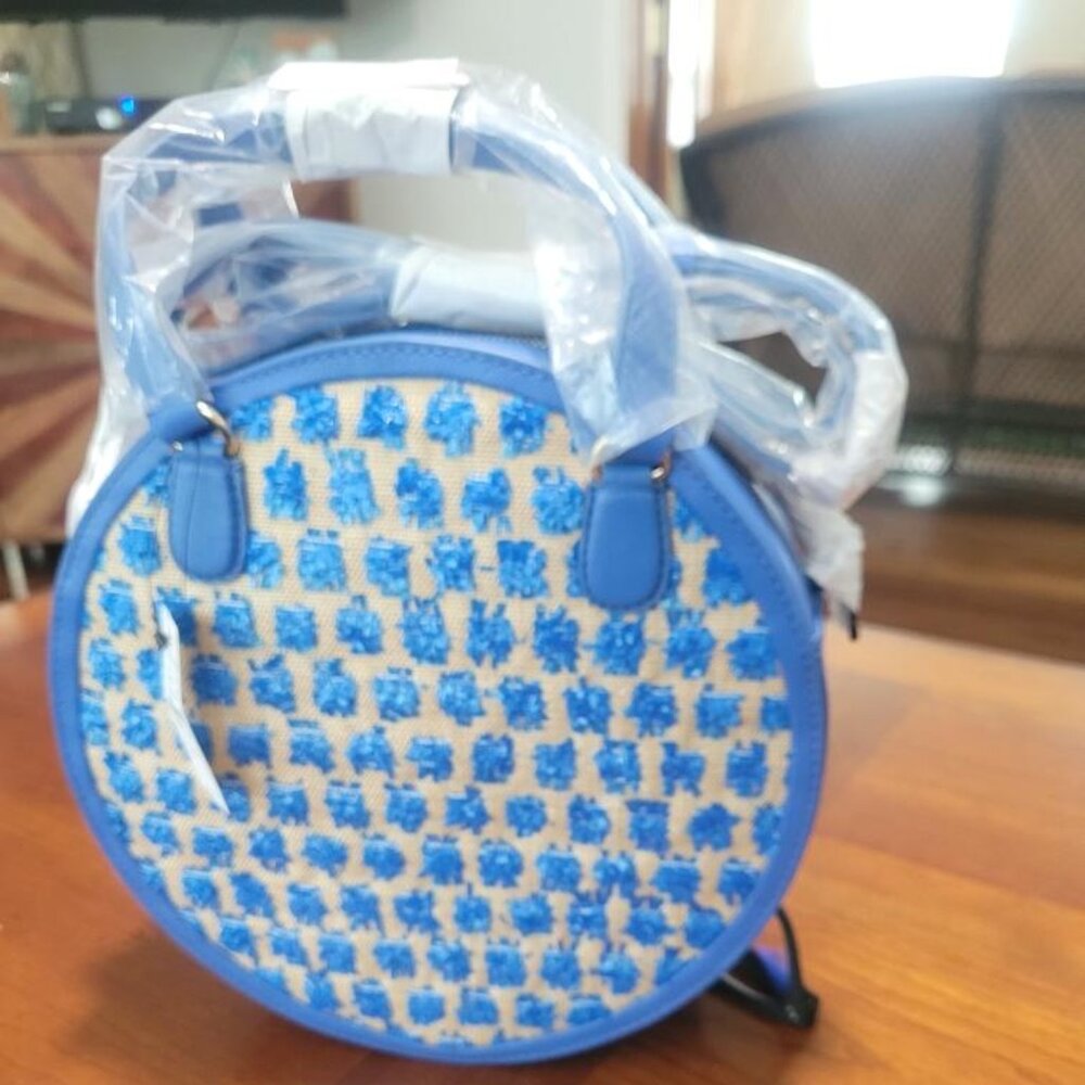 Talbots Blue Round Raffia Handbag with Detachable Crossbody Strap; 10"x3"x10" - Picture 5 of 9